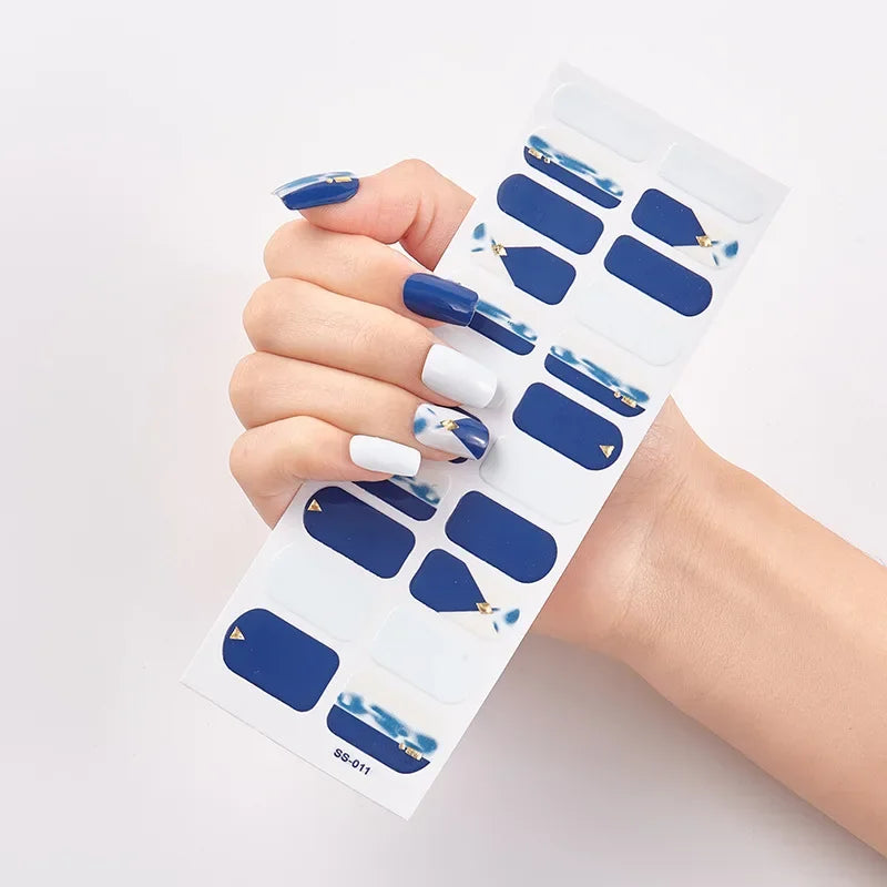 22pcs Blue Gel Nail Patch Slider Glitter Pink Adhesive Full Coverage Gel Nail Patch UV Lamp Cured Manicure for Woman & Girl