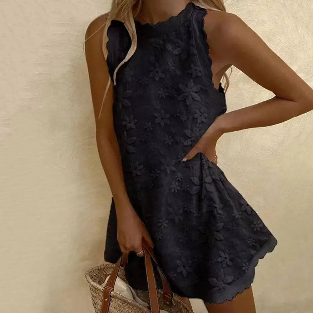 Women Summer Dress Floral Embroidery Off Shoulder Lady Dress	Solid Color O Neck Sleeveless Dress Big Hem Ruffle Female Dress