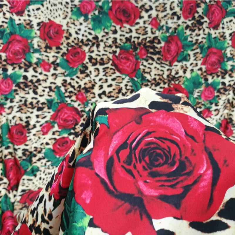 Good Brown Leopard 4 Side Stretch Knitted Cotton Fabric for Dress Red Rose Print Fabric Diy Sewing Sexy Dance Costume/Leggings