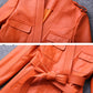 Leather Trench Coat for Women 2024 Orange V-neck Double Breasted Belt Lace Up Slim Warm Long Windbreaker Manteau Femme Hiver