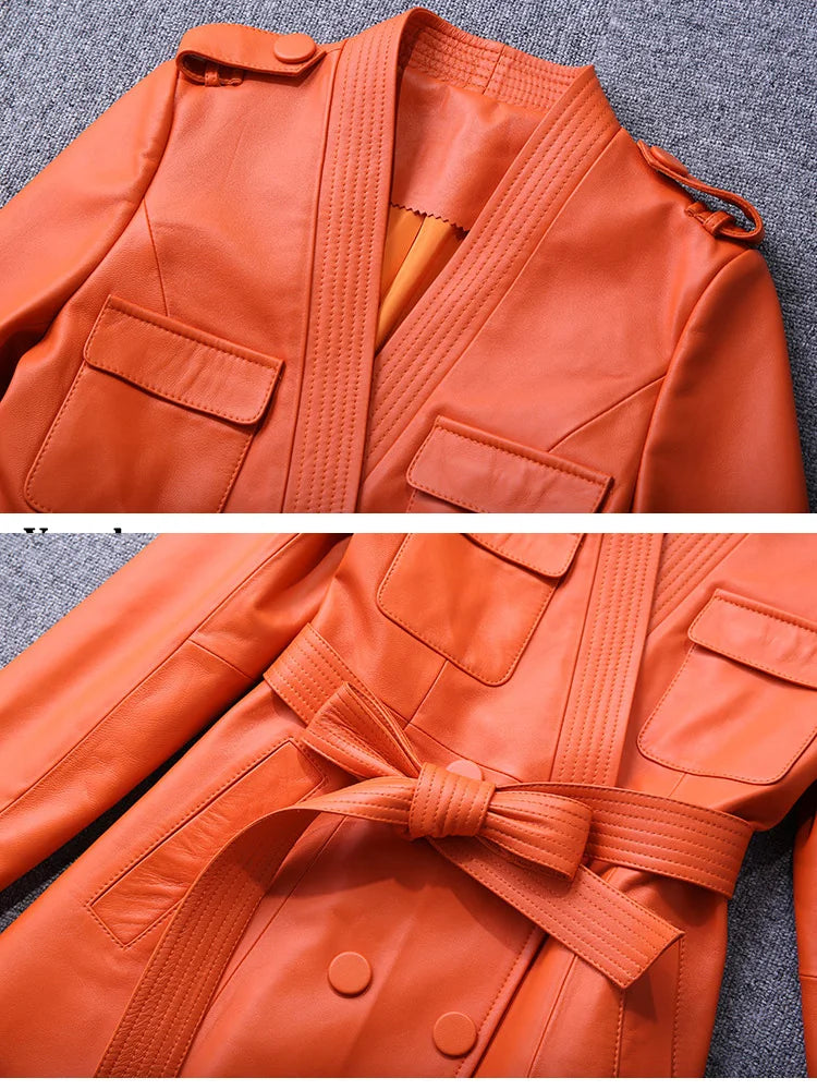 Leather Trench Coat for Women 2024 Orange V-neck Double Breasted Belt Lace Up Slim Warm Long Windbreaker Manteau Femme Hiver