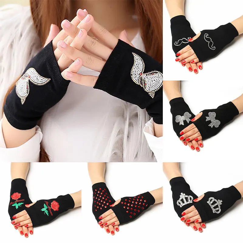 Fingerless Gloves For Women Black Colour Animals Pattern Rose Embroidery Half Finger Gloves Winter Warm Gloves