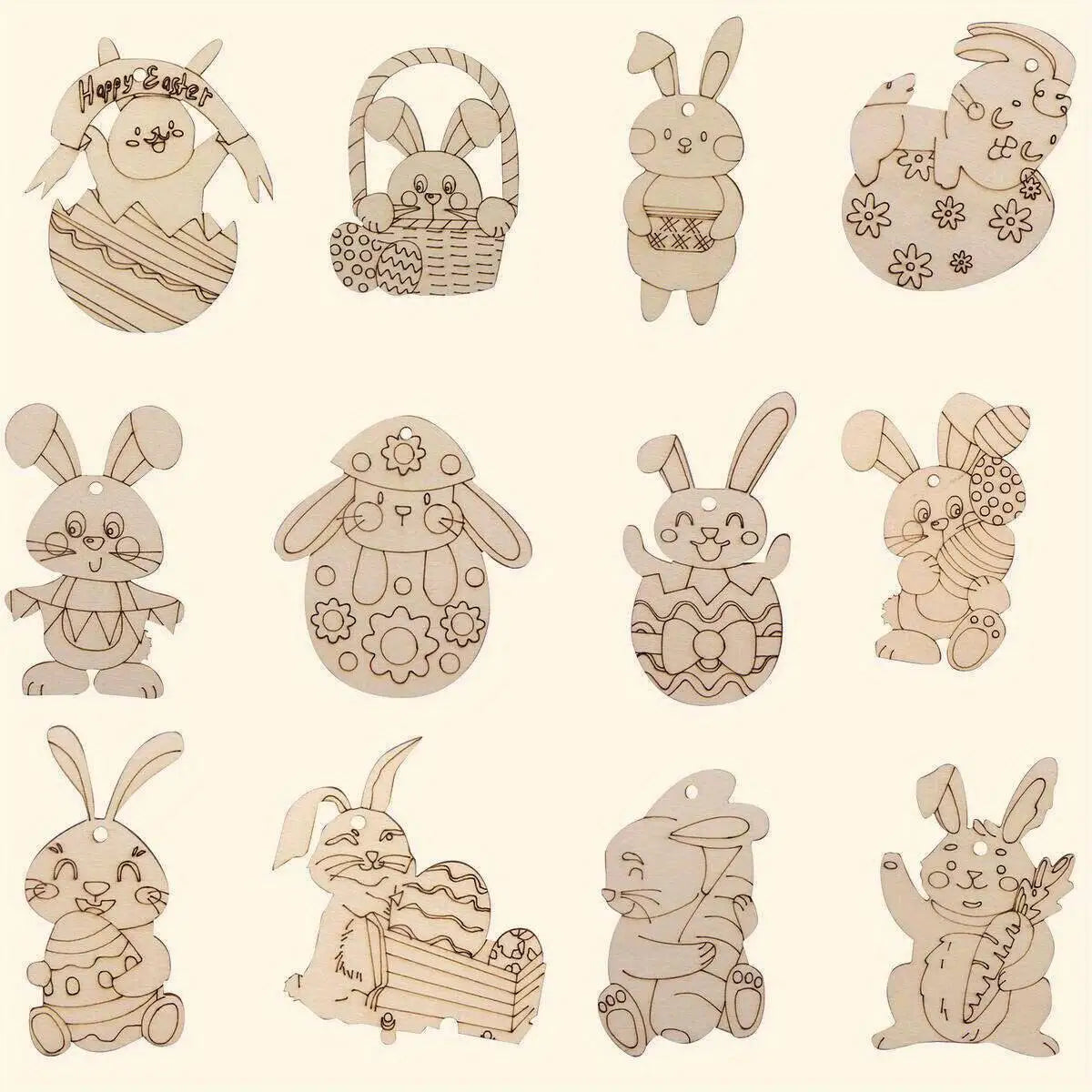 12PCS Wooden Rabbit Slice Ornament Carton Egg Bunny DIY Painting Hanging Pendants For Happy Easter Spring Party Decorations