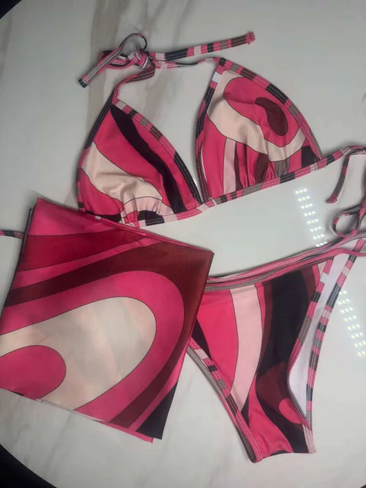 Women Swimsuit Split Swimsuit Bikini Striped Geometry Pattern One-Piece Swimsuit