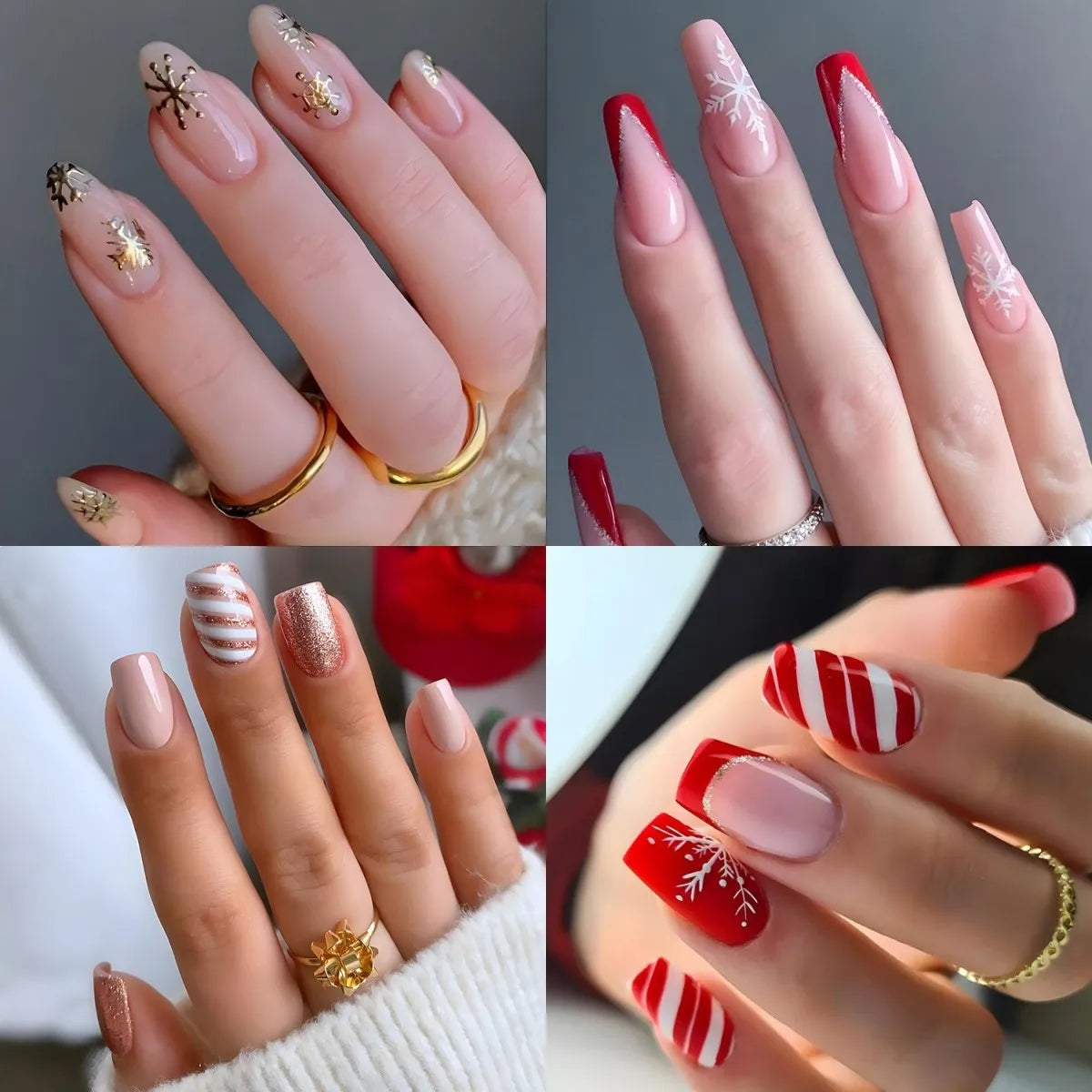 24pcs Glossy Short Ballet Fake Nails Christmas Red Press On Nails With White Snowflake Stripe Design Glitter French False Nails*