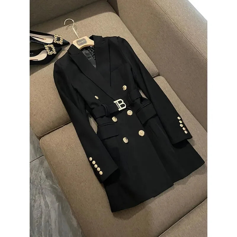 Black Red green Elegant Double-breasted Long Sleeve Notched French Style Women Office Blazer Dress With Belt Long Coat