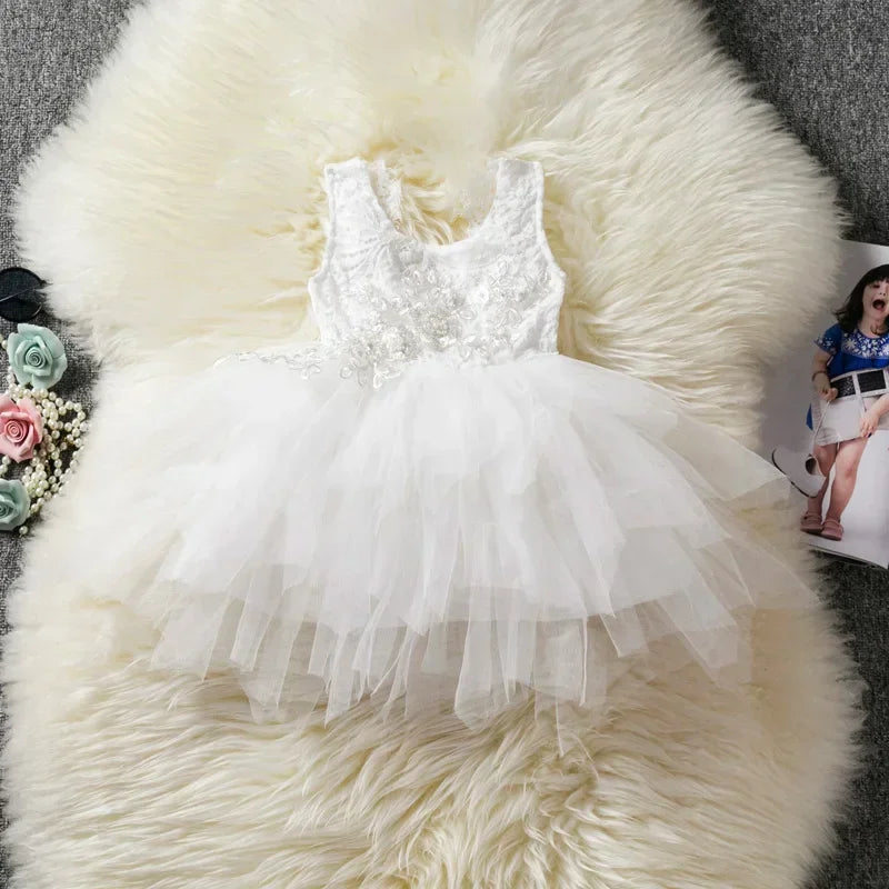 Lace Backless Girls Summer Dress 2023 Flower Design Baby Girl Birthday Clothing Kids Wedding Ball Gown Toddler Girls Casual Wear