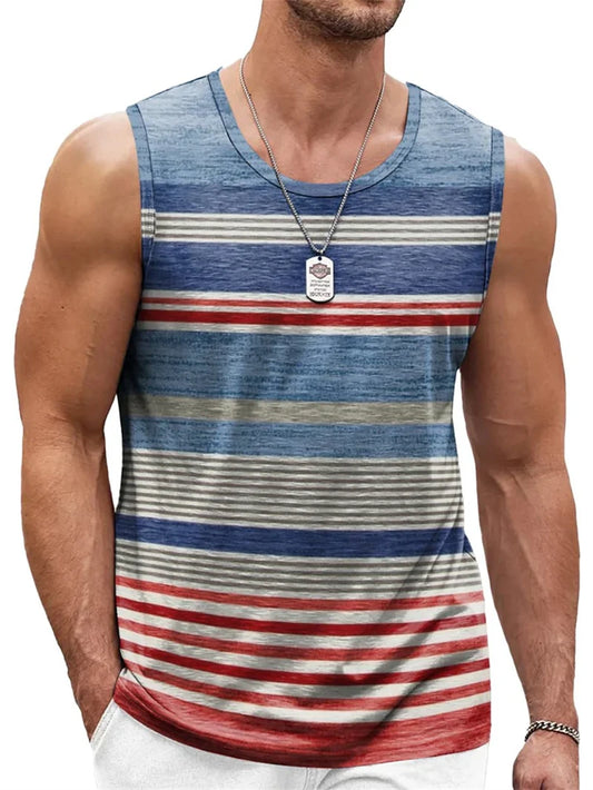 Mens Retro Stripe 3D Printed Tank Tops Fashion Summer Sleeveless Casual Sports Vest Loose Quick Dry Breathable Tees Clothes