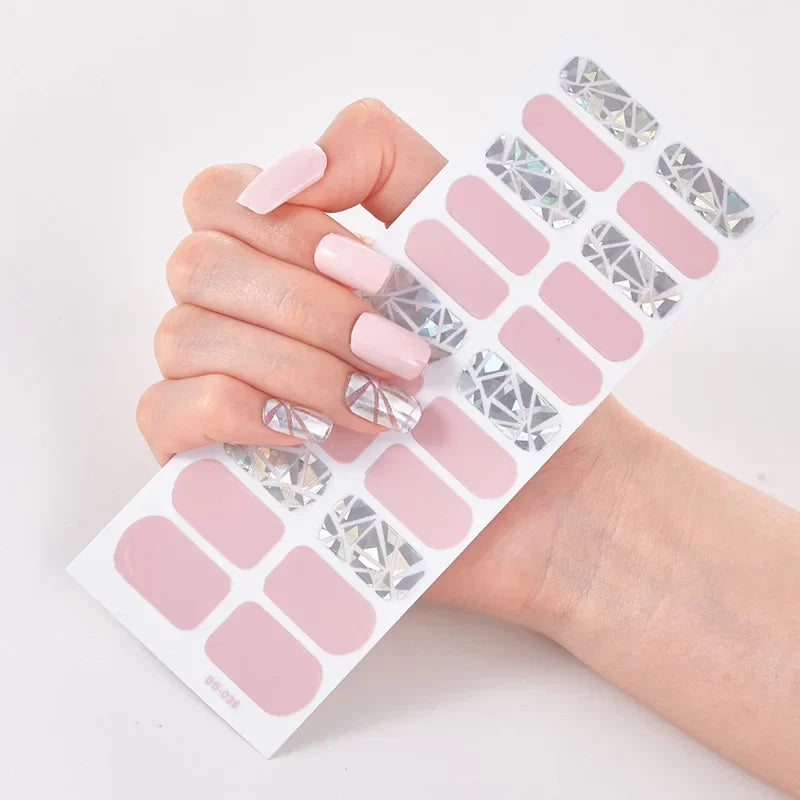 22pcs Blue Gel Nail Patch Slider Glitter Pink Adhesive Full Coverage Gel Nail Patch UV Lamp Cured Manicure for Woman & Girl