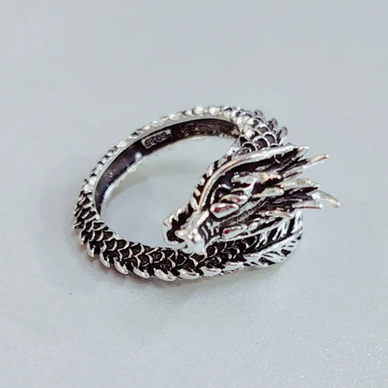 925 Sterling Silver Vintage Fashion Gothic Punk Ancient Dragon Men Jewelry Opening Ring Thai Silver Boyfriend Gift Party