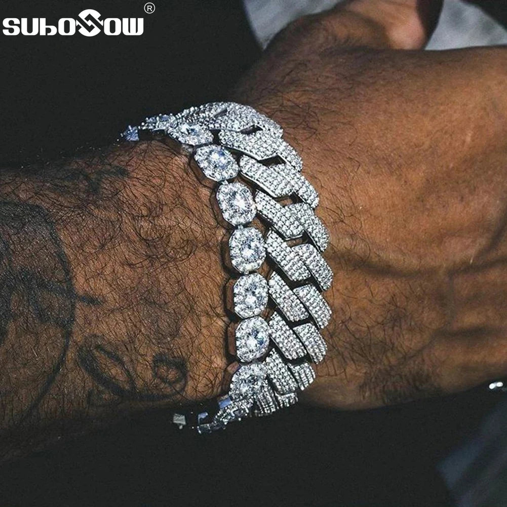 14/20MM Hip Hop Metal Cuban Bracelet Iced Out Chain Bling Full Rhinestone Pave Luxury Crystal Bracelet For Men's Jewelry Gift