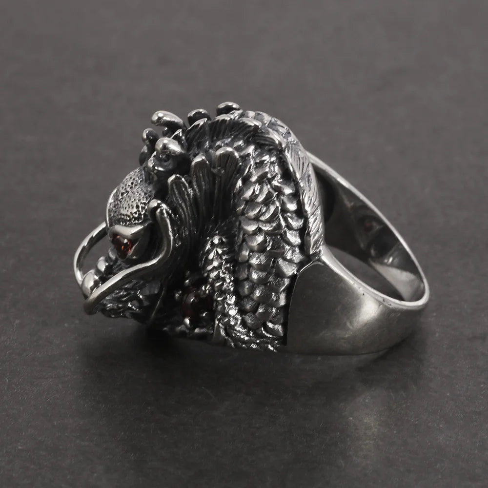 Authentic 925 Sterling Silver Dragon Rings For Men With Garnet Natural Stone Red Eyes Vintage Punk Rock Mens Fine Jewelry