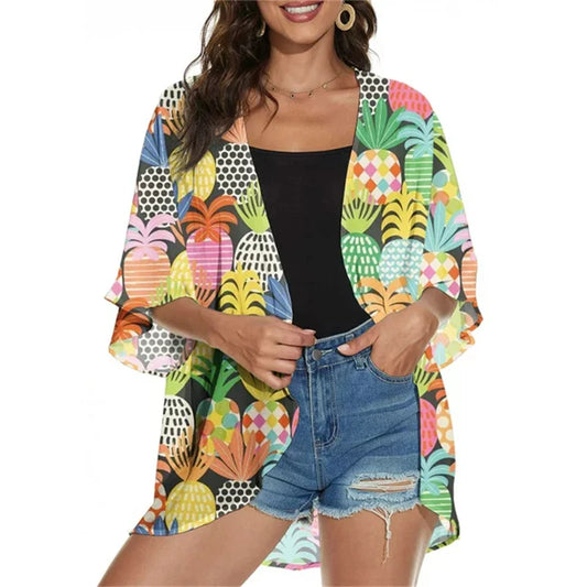 Women'S Summer Beach Kimono Cardigan Floral Print Chiffon Loose Top Bikini Cover Up Sexy Transparent Shawl Oversize Cardigan