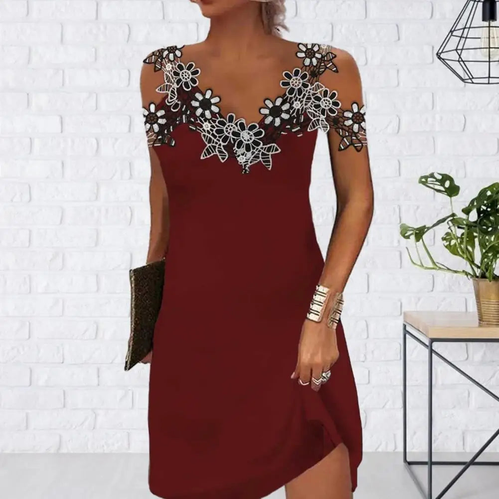 Women Summer Dress Lace Stitching Sling Mini Dress V-neck Cold Shoulder Sleeveless Slim Fit Short Dress Streetwear