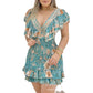 Women's Dress 2024 Summer Latest European and American Temperation Ol Commuter Printed V-Neck Ruffle Edge Tie Waist Short Skirt