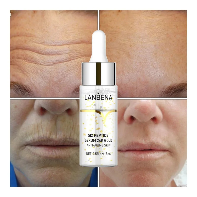 LANBENA 24K Gold Six-Peptide Solution Essence Anti-Wrinkle Firming Serum Anti Aging Blemish Lightening Moisturizer Nourishing