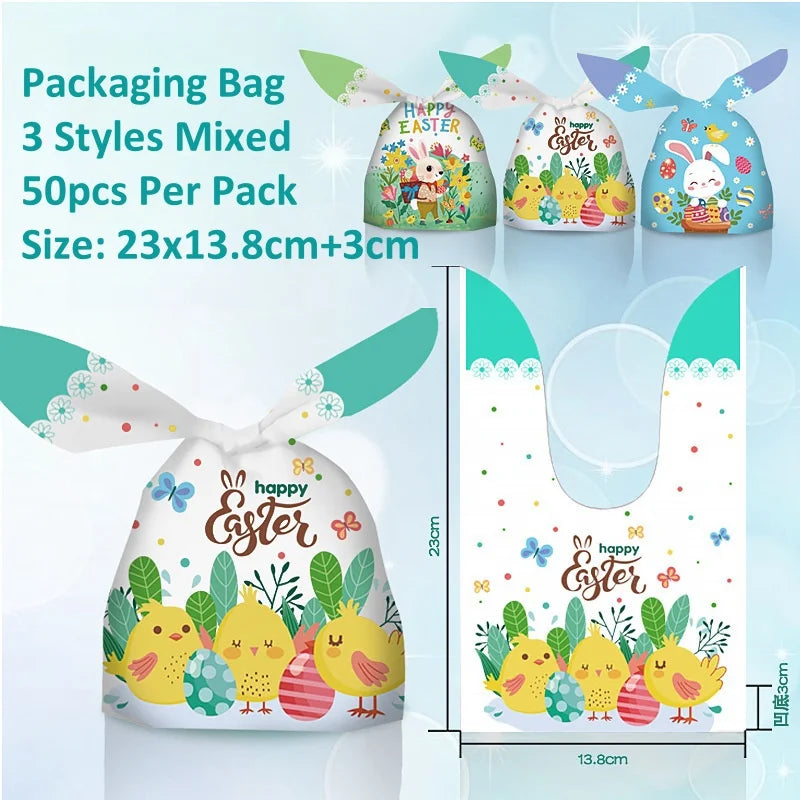 50pcs Cute Rabbit Ear Candy Bags Easter Party Gift Cookie Chocolate Packaging Bag 2025 Happy Easter Party Decoration Supplies