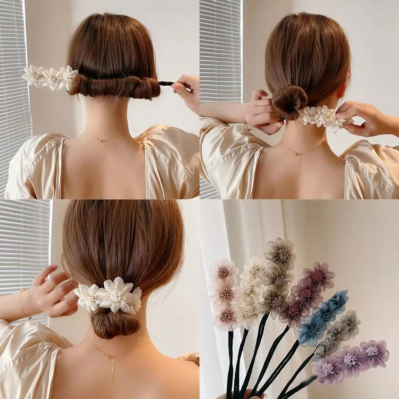 Women Bun Maker Maruko Hairstyles Elegant Bud Chiffon Flowers Making Long Tools Sweet Headband Hairbands Korean Hair Accessories