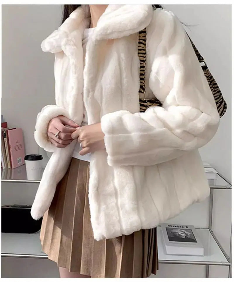 FANIECES Solid Fur Short Coat Winter Women Lapel Button-up Long Sleeve Faux Fur Shaggy Outwear Elegant Korean Overcoat Tops 코트