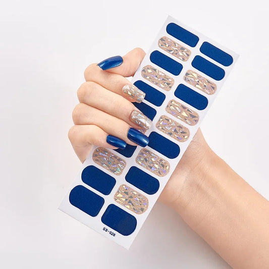 22pcs Blue Gel Nail Patch Slider Glitter Pink Adhesive Full Coverage Gel Nail Patch UV Lamp Cured Manicure for Woman & Girl