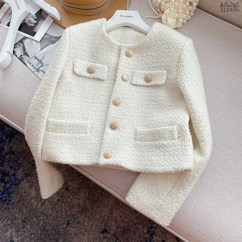 2024 New Autumn Winter Short Woolen Coats Women Korean Fashion  Long Sleeve Temperament Casual All-match Tops Femme Outerwear