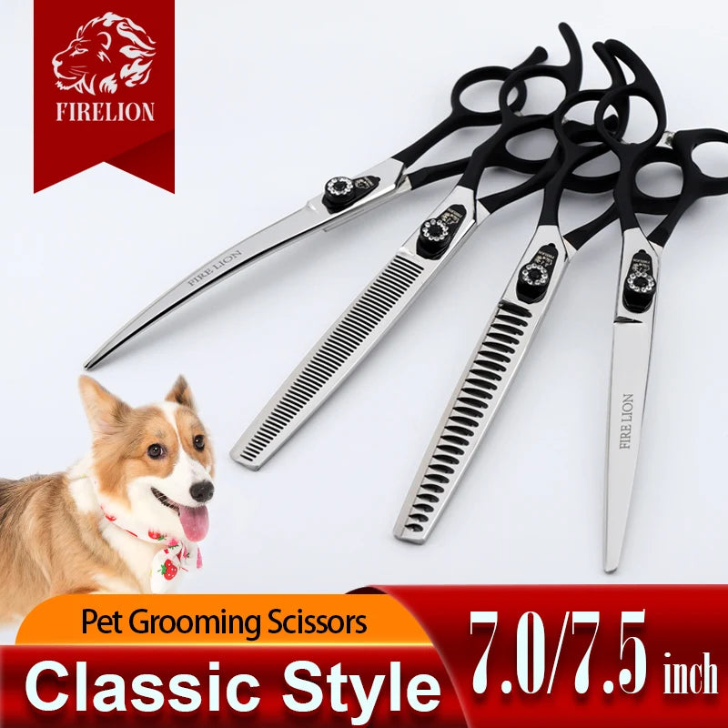 FIRELION 7.0/7.5 Inch 440c Steel Professional Dog Cutting Thinning Curved Scissors Animals Pet Grooming Scissors for Dogs