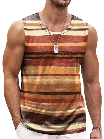 Retro Striped Graphic Tank Tops For Men Fashion Casual Summer Sleeveless 3D Printed Vest Loose Crew Neck Quick Dry Sports Tees