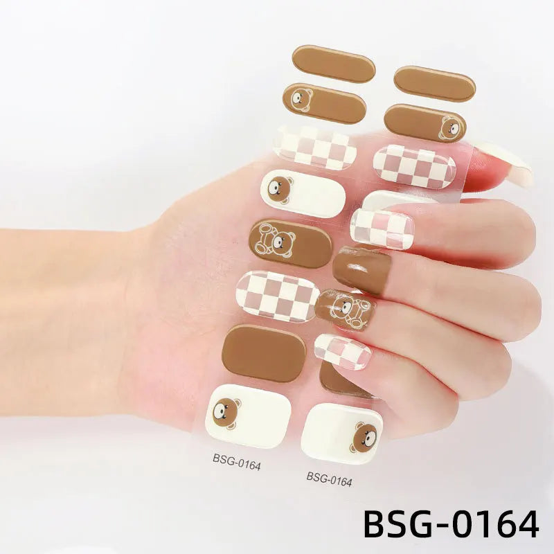 16 Strips Semi-cured Gel Nail Art Stickers 3D Hot Stamping Phototherapy Long Lasting Manicure Stickers Full Cover Nail Charms