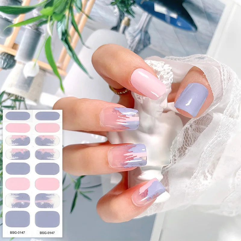 16 Strips Semi-cured Gel Nail Art Stickers 3D Hot Stamping Phototherapy Long Lasting Manicure Stickers Full Cover Nail Charms