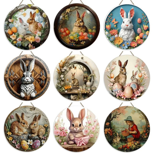 Round Wooden Sign Easter Bunny Art Logo Decoration, Suitable for Bar Home Living Room Room Courtyard Wall Decoration