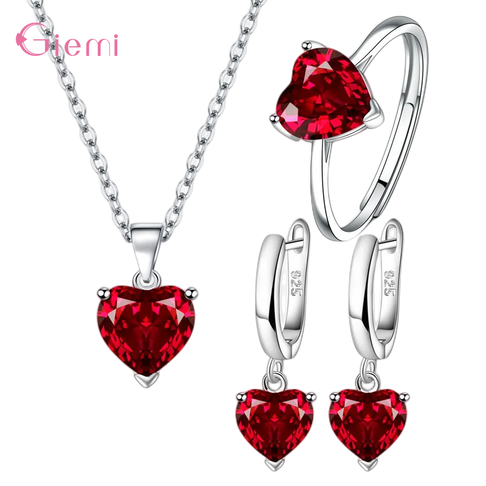 Hot Sale 925 Sterling Silver 2023 New Arrival Heart Shape Colorful Smart Necklace Earrings Ring Jewelry Sets For Women Girls