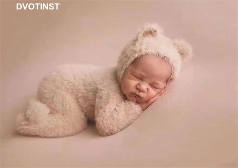 Dvotinst Baby Newborn Photography Props Soft Knitted Cute Bear Hat Bonnet Outfits 2pcs Set Fotografia Studio Shoots Photo Props