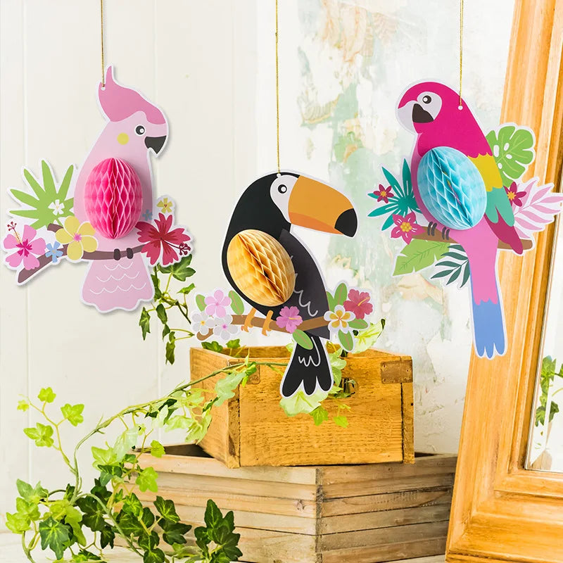 Hawaiian Flamingo Parrot Cactus Honeycomb Hanging Paper Ornament Birthday Wedding Summer Beach Tropical Luau Party Decoration