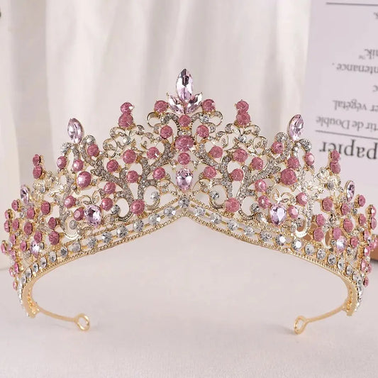 DIEZI Baroque Pink Crystal Beads Tiara Crown Headwear For Women Girls Wedding Party Princess Bridal Queen Hair Accessories