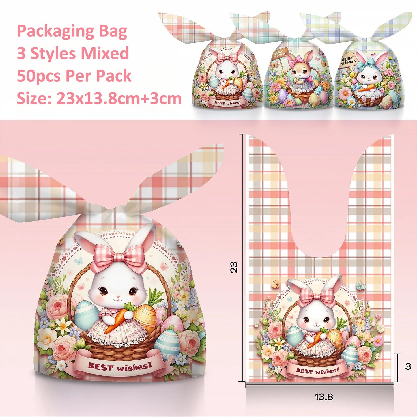 50pcs Cute Rabbit Ear Candy Bags Easter Party Gift Cookie Chocolate Packaging Bag 2025 Happy Easter Party Decoration Supplies