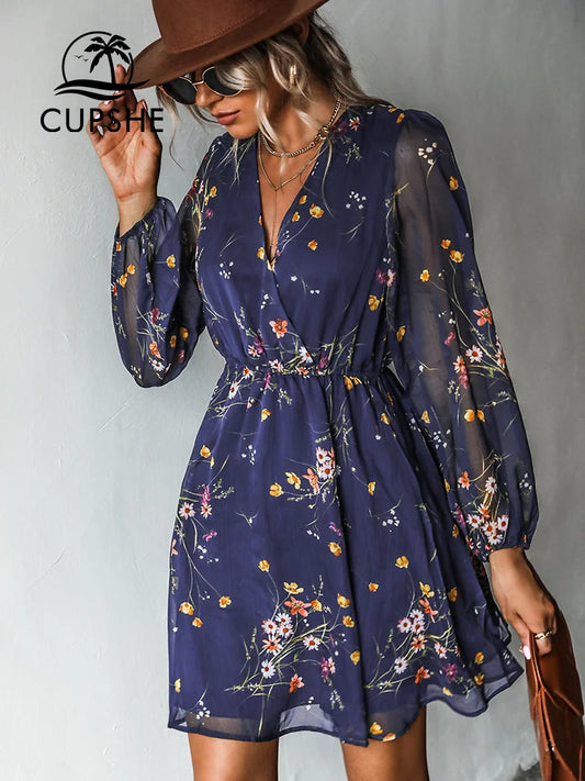 CUPSHE Chiffon V-neck Long Sleeve Mini Dress Woman Floral Holiday Beach Tunic Short Cover Up 2023 Summer Dress Beachwear