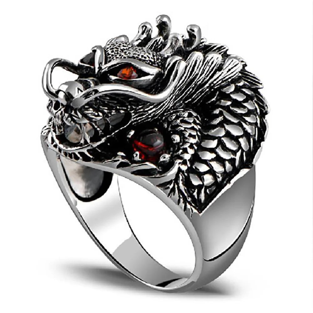 Authentic 925 Sterling Silver Dragon Rings For Men With Garnet Natural Stone Red Eyes Vintage Punk Rock Mens Fine Jewelry