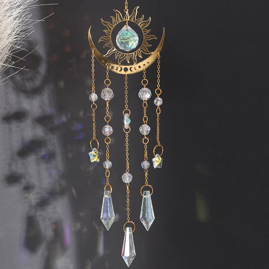 1PC Gold Flame Moon Crystal Pendant Sun Catcher Outdoor Garden Hanging Ornament Room Ceiling Hanging Ornament