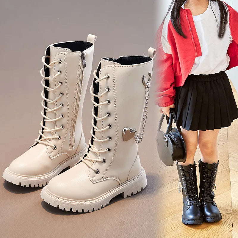 Girls Knee-High Boots Winter Boots For Kids  Beige Metal Chain Flat Non-slip Boots Girl Princess High Boots  Bottes Chelsea