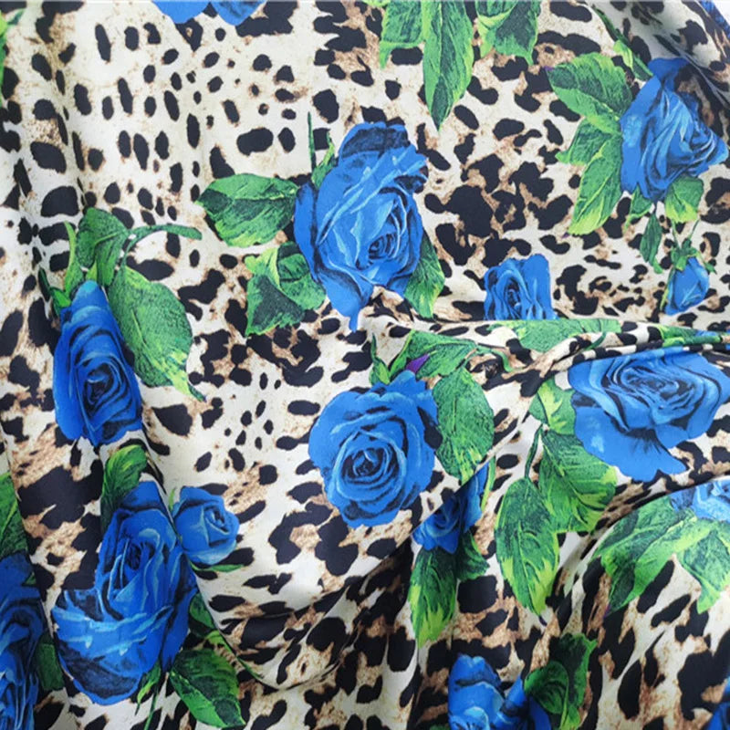 Good Brown Leopard Cotton/spandex Knit Fabric 4-Side Elastic Milk Silk Blue Rose Pattern Print Cloth  DIY Sew Dance Dress/Shirt