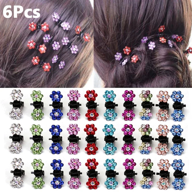 6Pcs Mini Hair Clips No-Slip Clips Rhinestone Hair Clips Metal Clamps Mix Colored Flower Hair Accessories for Women Girls