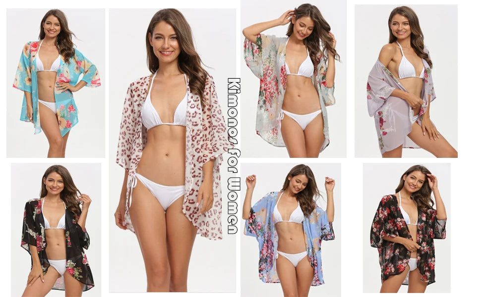 Women'S Summer Beach Kimono Cardigan Floral Print Chiffon Loose Top Bikini Cover Up Sexy Transparent Shawl Oversize Cardigan