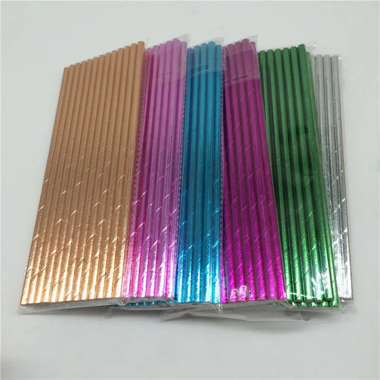 25pcs Metallic Gold Foil Heart Star Stripe Paper Straws Silver Foiled Chevron Bronzing  Drinking Straw Wedding Party Decoration