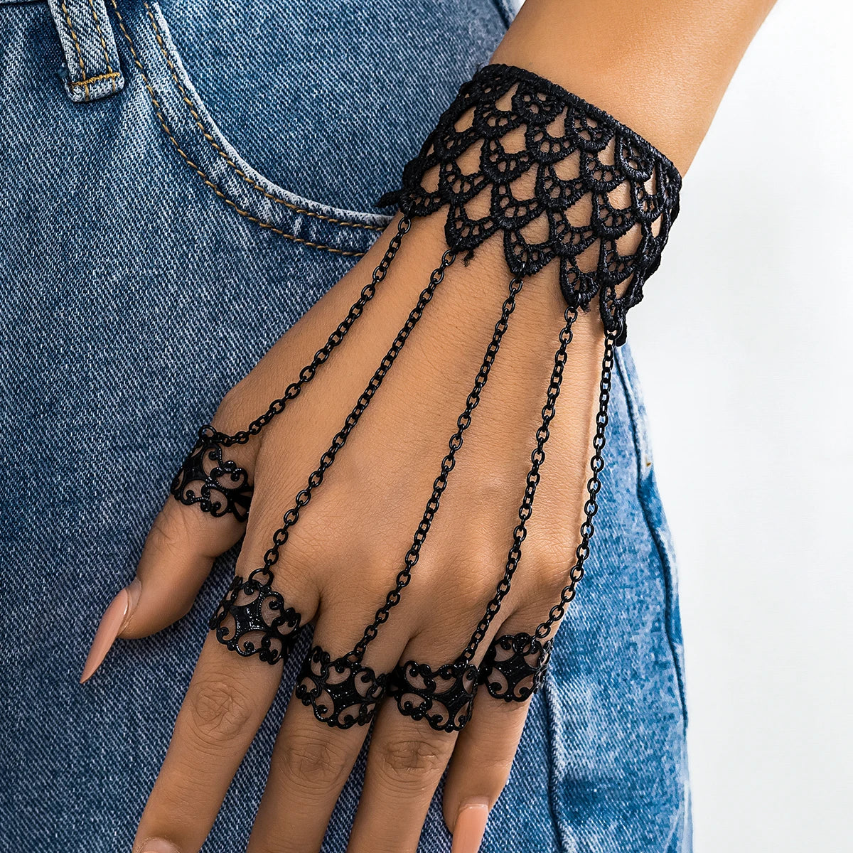 Lacteo Gothic Black Finger Ring Wide Lace Bracelet for Women Trendy Connect Hand Back Chain Bangle Jewelry Party Gift Girls New