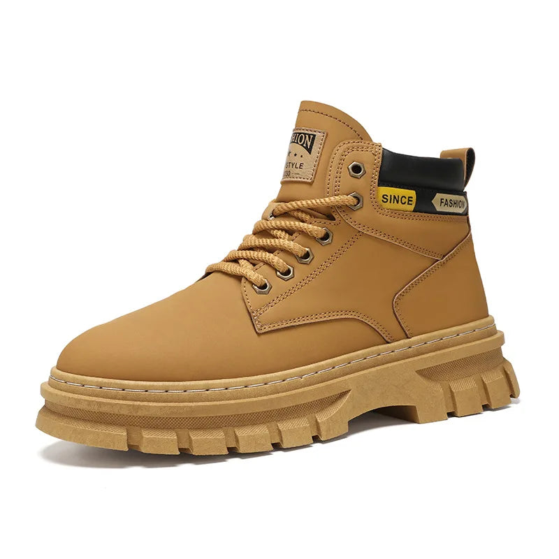 Autumn Fashion Yellow Work Boots Men 2024 Comfort Platform Boots for Men Trendy High Top Leather Boots Man Casual Hiking Shoes