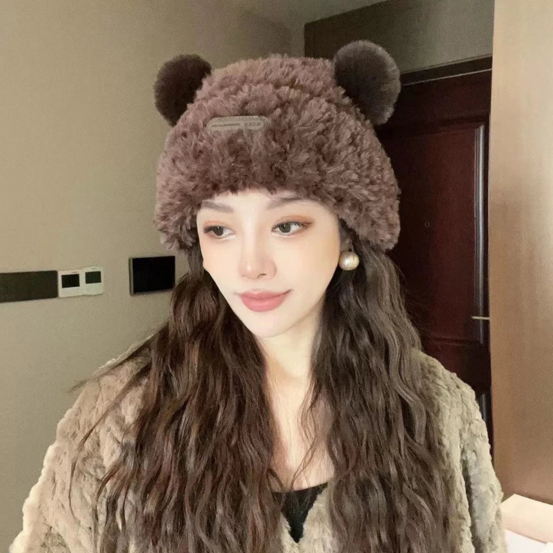 Korean Cute Little Bear Ears Plush Cap Women Autumn Winter Warm Ear Protection Hat All-match Casual Knitting Ski Beans Bonnet