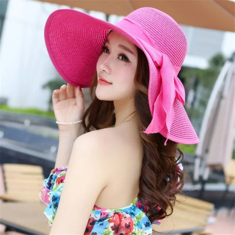 24colors Womens Sun Straw Hat Wide Brim UPF 50 Summer Hat Foldable Roll Up Floppy Beach Hats for Women Big Bowknot