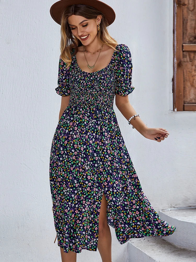 Ladies Sexy Vintage Floral Print Boho Summer Dress Women Casual Elastic Bohemian Beach Dress Women Sundress Robe Vestidos Female