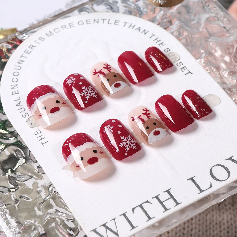 24pcs Medium Square Red Christmas Press On Nails Cartoon Santa Claus Deer Flase Nails Full Cover New Year Nail Decorations HTD53