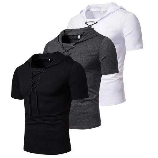 Hooded T Shirt Men 2022 New Short Sleeve Streetwear Pure Color Lace-up Breathable Casual Summer Top for Male Homme Top Tees